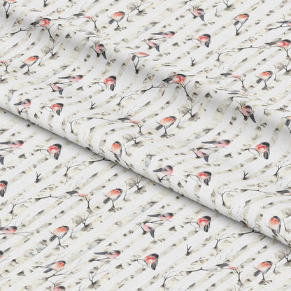 Fabric with a pattern of perched red-breasted birds on branches against a light striped background. The texture appears soft and slightly wrinkled.