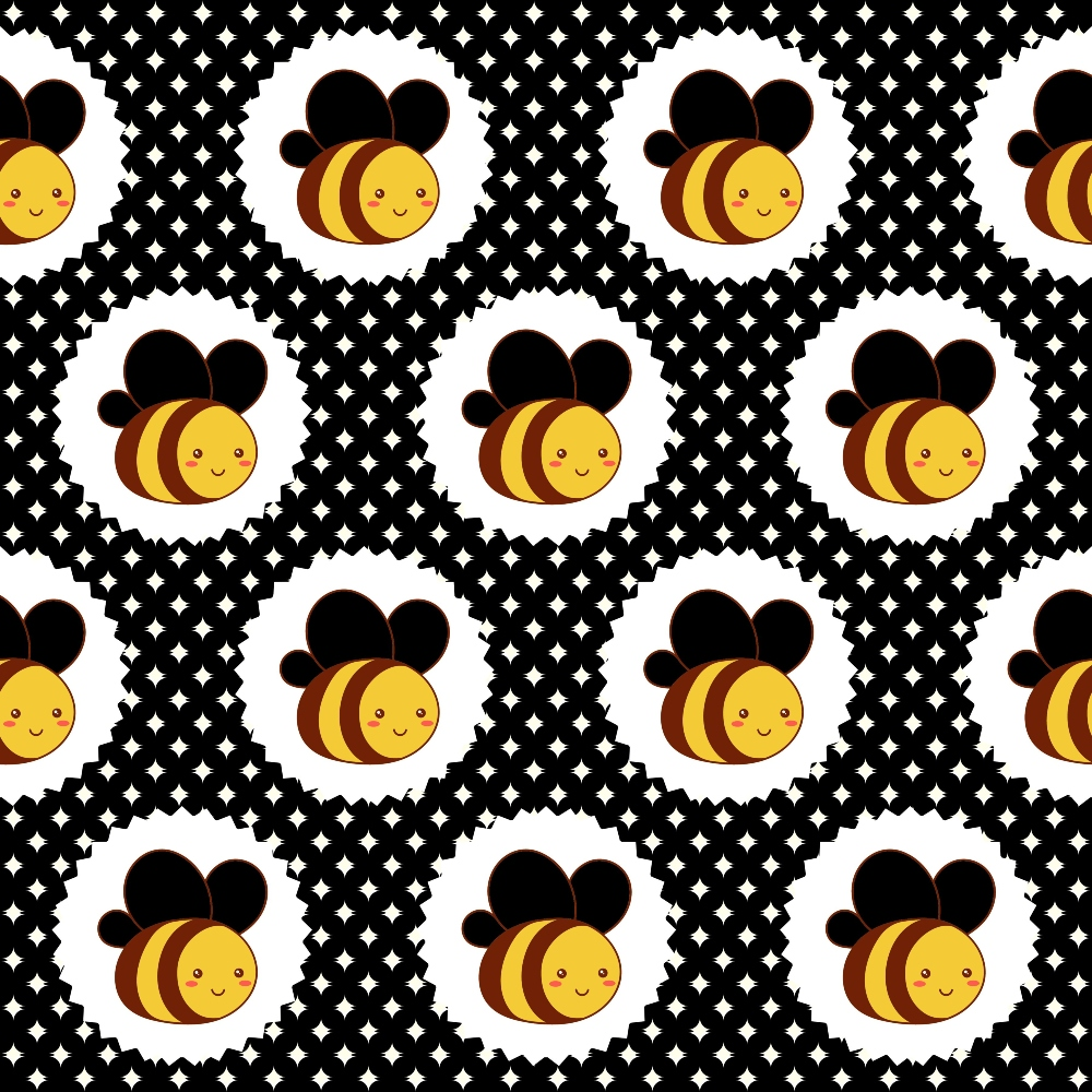 Pattern of smiling cartoon bees inside circular frames on a black background with white star shapes.