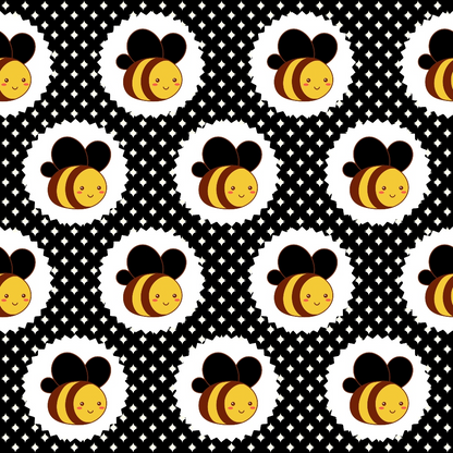 Pattern of smiling cartoon bees inside circular frames on a black background with white star shapes.