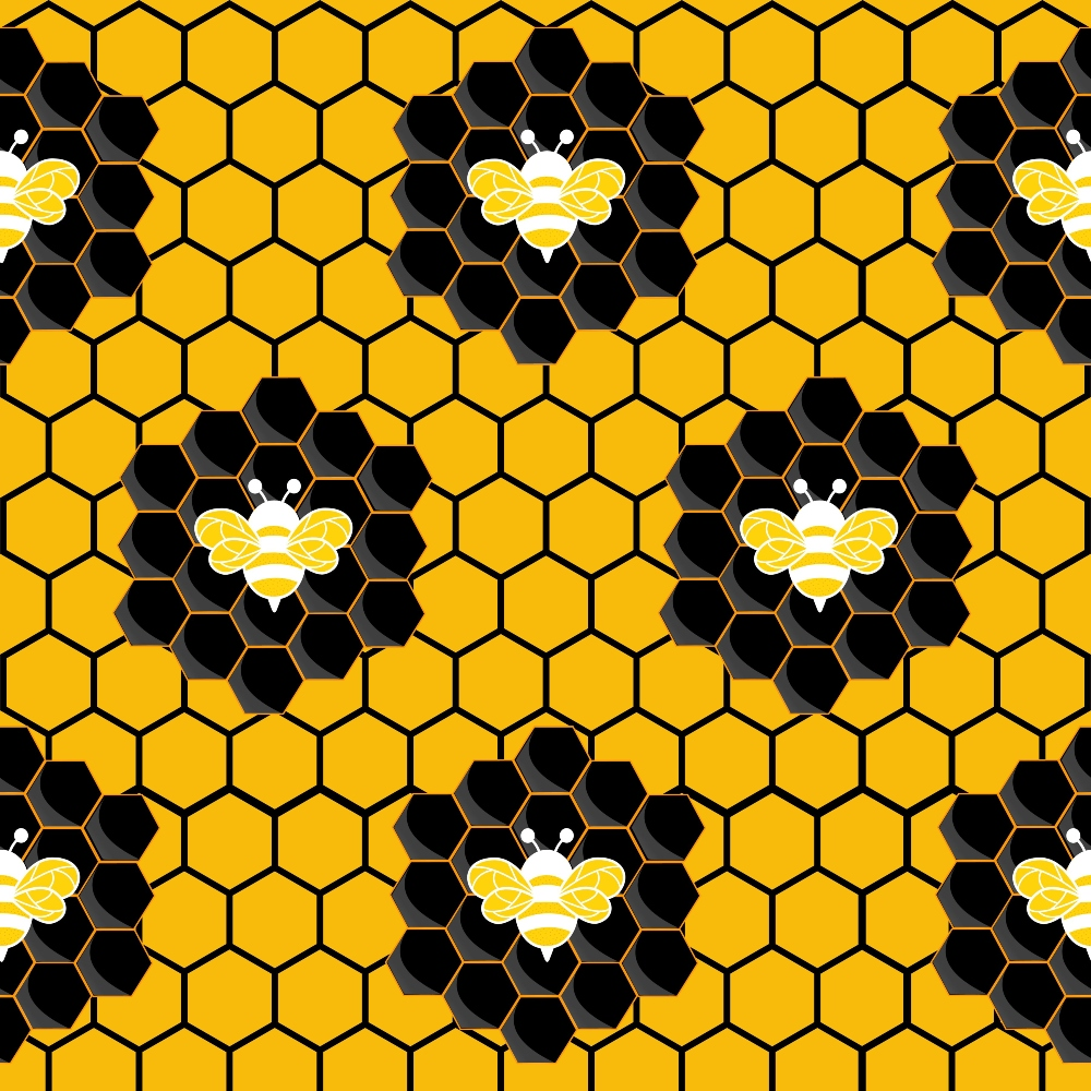 A honeycomb pattern with yellow hexagons and bees in black hexagon clusters on a yellow background.