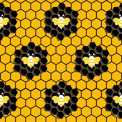 A honeycomb pattern with yellow hexagons and bees in black hexagon clusters on a yellow background.