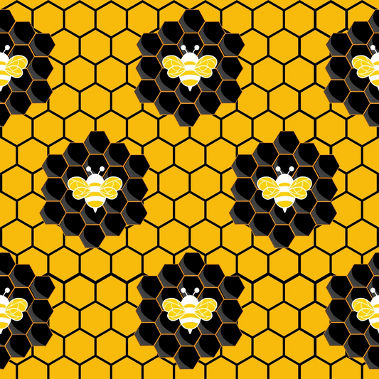 A honeycomb pattern with yellow hexagons and bees in black hexagon clusters on a yellow background.