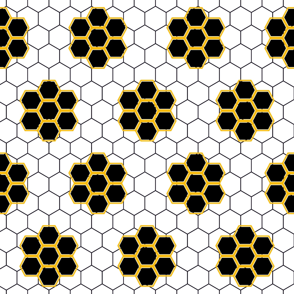 A black and yellow honeycomb pattern with hexagonal designs is set against a white background.