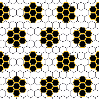 A black and yellow honeycomb pattern with hexagonal designs is set against a white background.