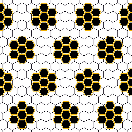 A black and yellow honeycomb pattern with hexagonal designs is set against a white background.