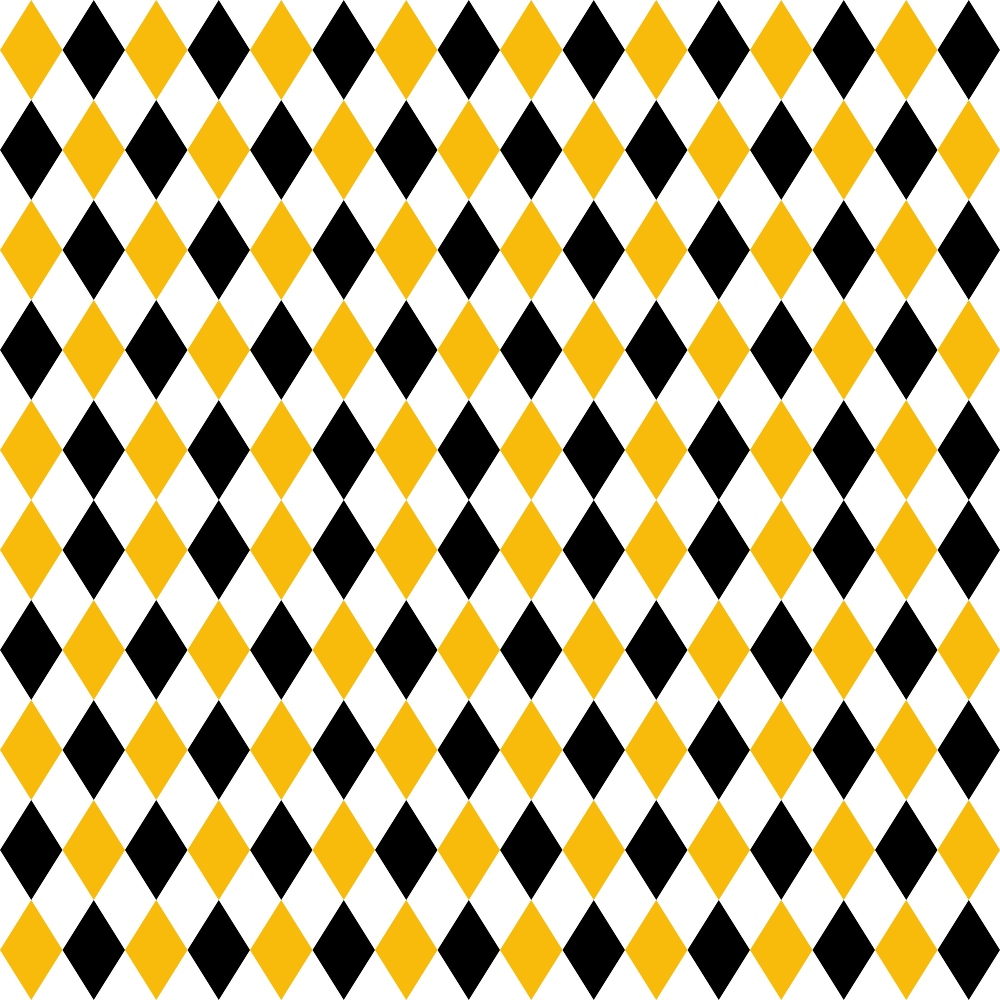 Pattern of alternating black, yellow, and white diamonds forming a grid on a flat surface.