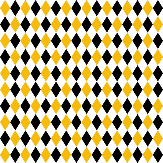 Pattern of alternating black, yellow, and white diamonds forming a grid on a flat surface.