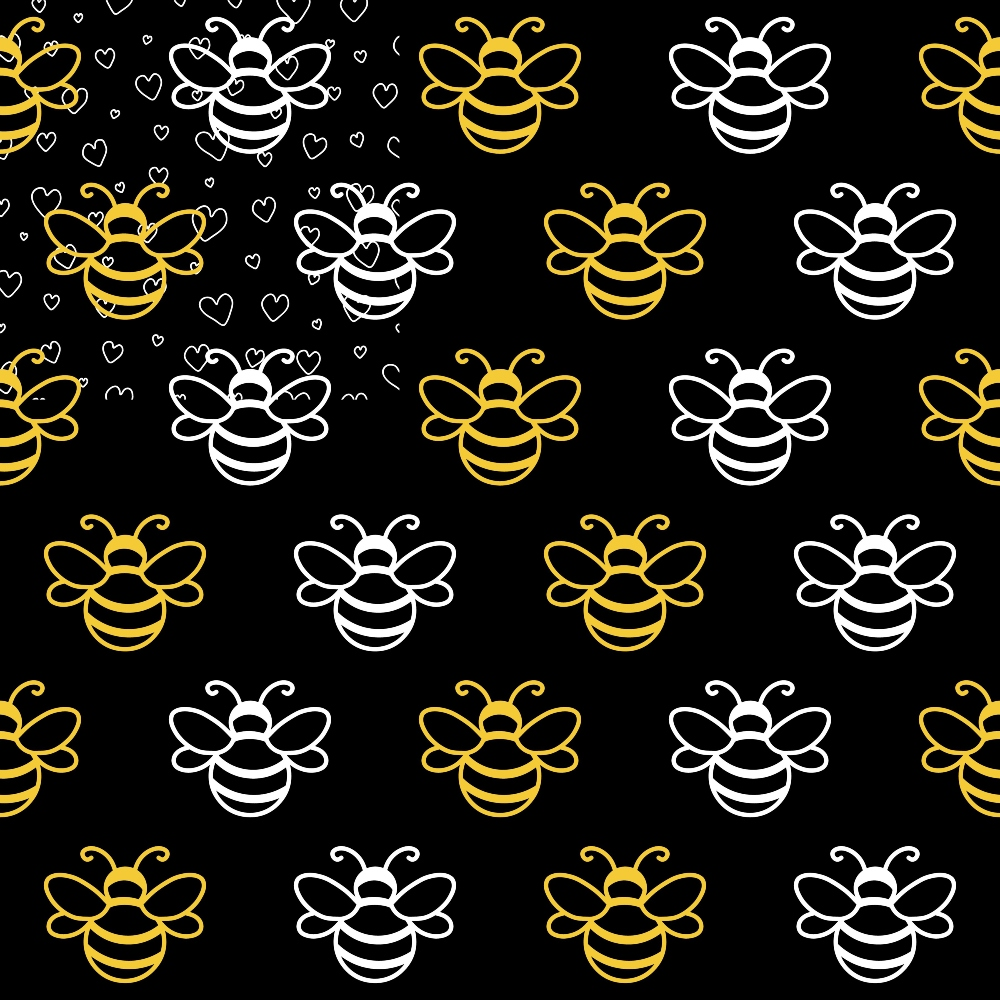 Pattern of white and yellow bee illustrations on a black background. Upper left corner features bees surrounded by small white hearts.