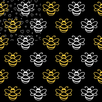 Pattern of white and yellow bee illustrations on a black background. Upper left corner features bees surrounded by small white hearts.