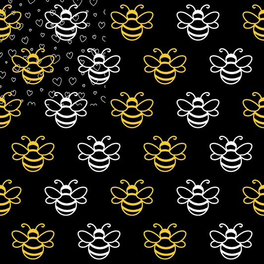 Pattern of white and yellow bee illustrations on a black background. Upper left corner features bees surrounded by small white hearts.