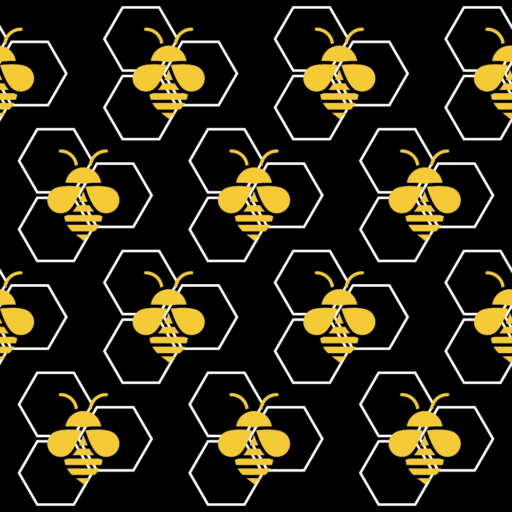 Pattern of yellow bees inside white hexagons on a black background.