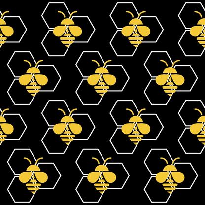 Pattern of yellow bees inside white hexagons on a black background.