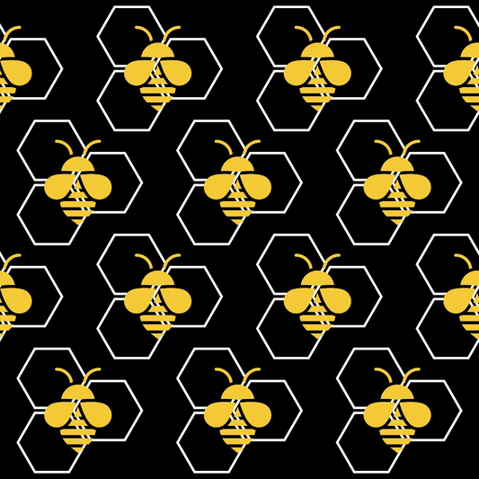 Pattern of yellow bees inside white hexagons on a black background.