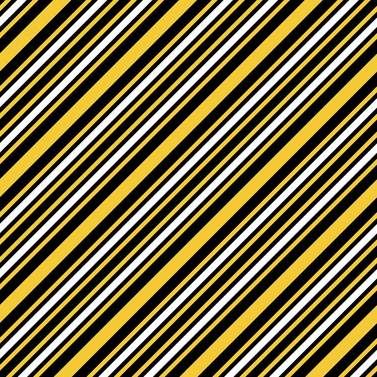 A pattern of diagonal stripes in yellow, black, and white fills the image.