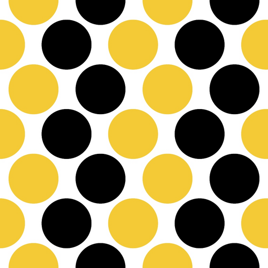 Pattern of alternating black and yellow circles on a white background, arranged in a grid.