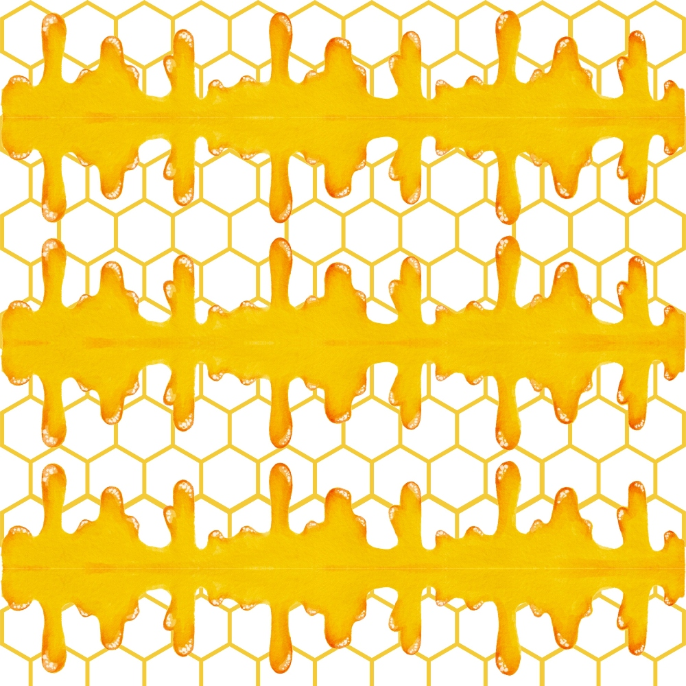 Orange honeycomb pattern with horizontal golden drips on a white background.