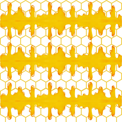 Orange honeycomb pattern with horizontal golden drips on a white background.