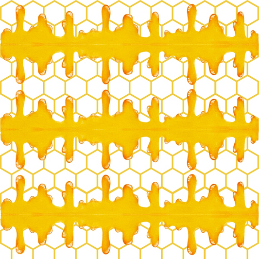 Orange honeycomb pattern with horizontal golden drips on a white background.