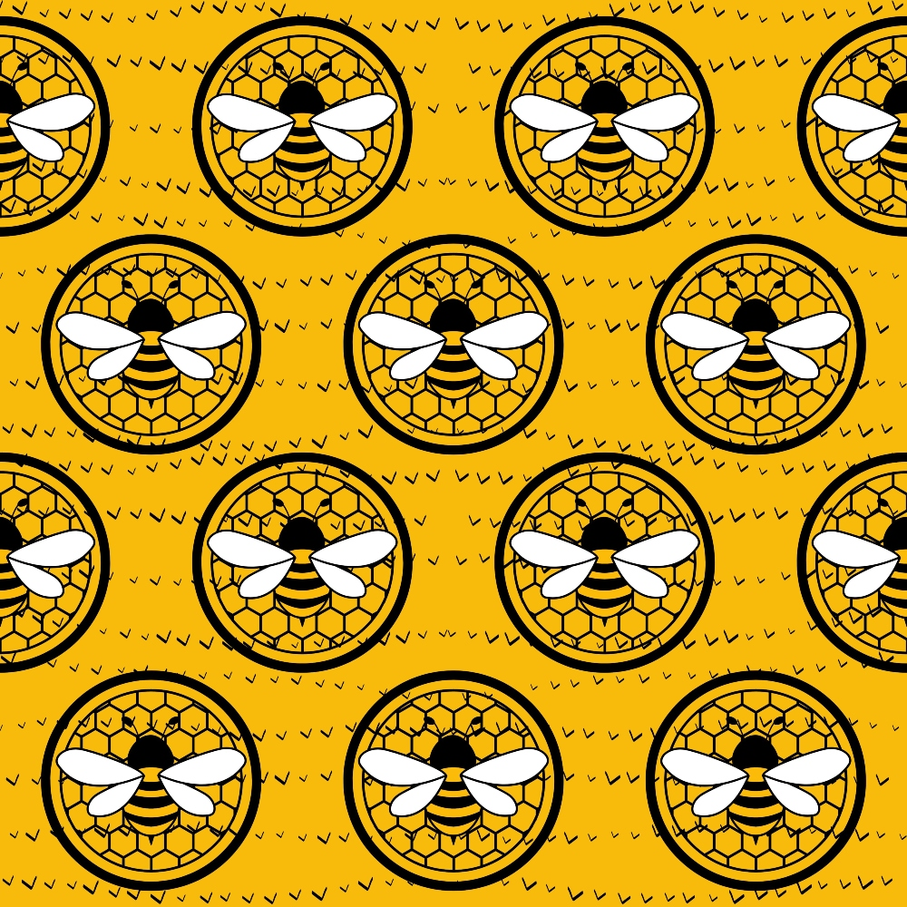 Pattern of bees inside honeycomb circles on a yellow background with small black V-shaped marks.