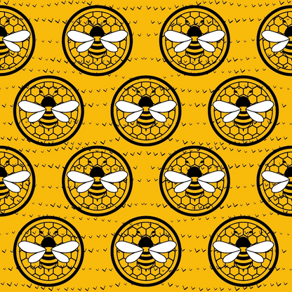 Pattern of bees inside honeycomb circles on a yellow background with small black V-shaped marks.