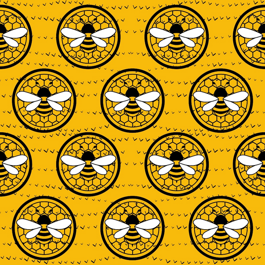 Pattern of bees inside honeycomb circles on a yellow background with small black V-shaped marks.