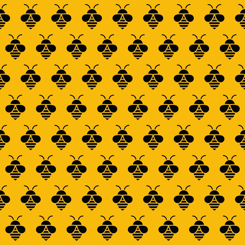 A repeating pattern of black stylized bees on a yellow background.