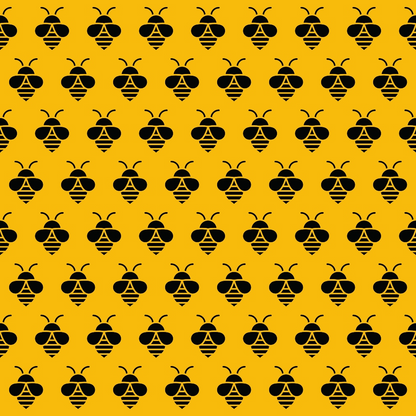 A repeating pattern of black stylized bees on a yellow background.