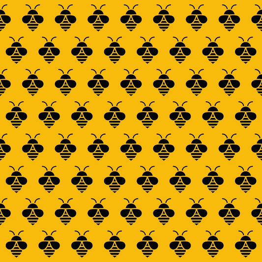 A repeating pattern of black stylized bees on a yellow background.