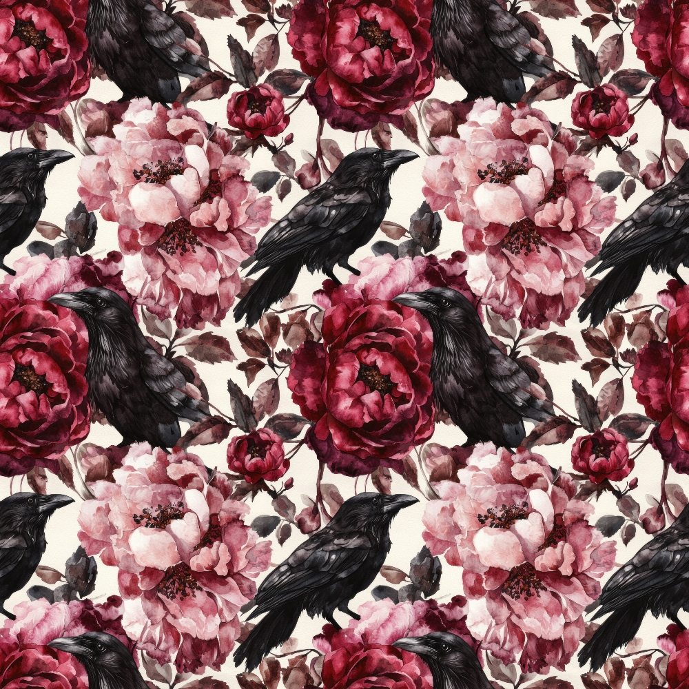 Seamless pattern featuring black crows perched among large, detailed pink and red flowers on a white background.