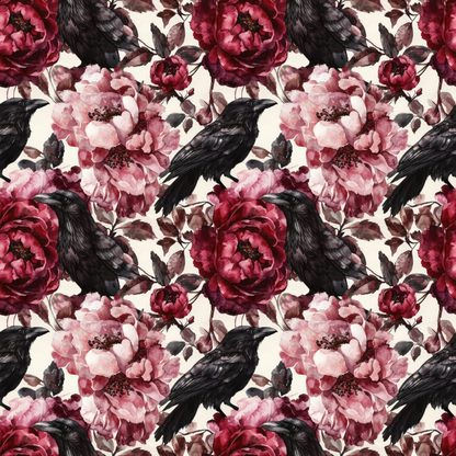 Seamless pattern featuring black crows perched among large, detailed pink and red flowers on a white background.