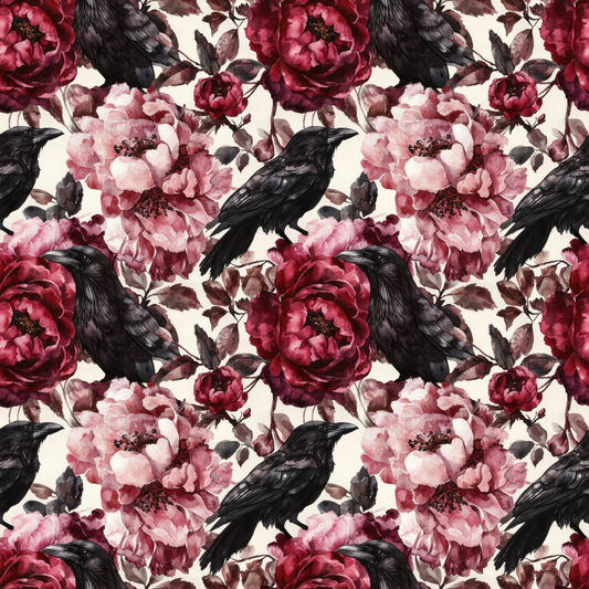 Seamless pattern featuring black crows perched among large, detailed pink and red flowers on a white background.