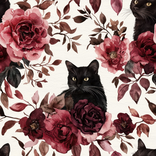 A black cat is nestled among large burgundy and pink flowers, with scattered leaves surrounding it.