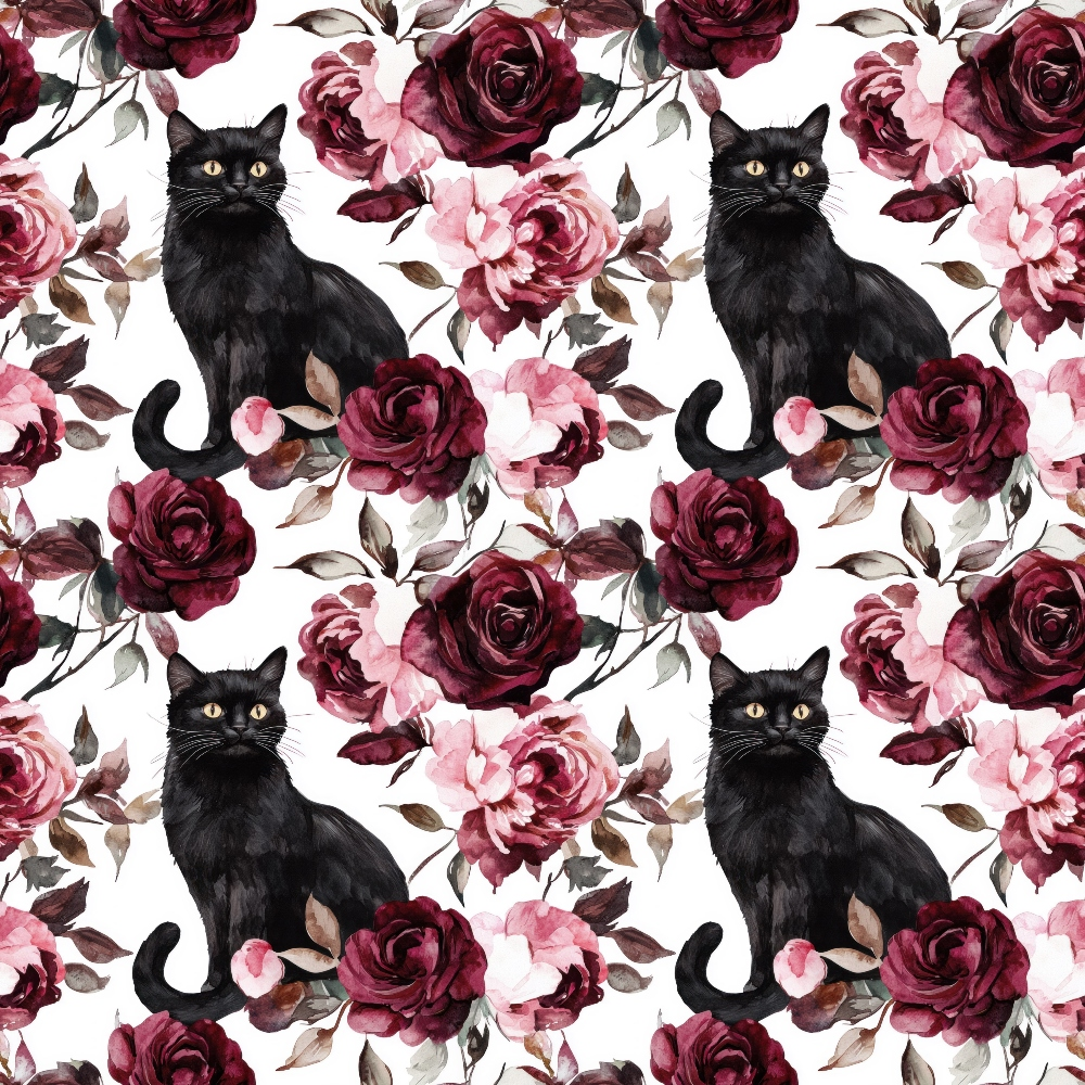 Pattern of black cats sitting among red and pink roses with leaves.