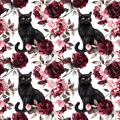 Pattern of black cats sitting among red and pink roses with leaves.