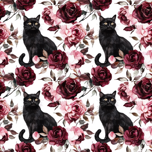 Pattern of black cats sitting among red and pink roses with leaves.