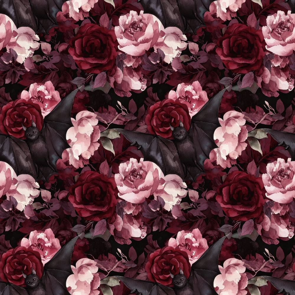 Patterned image featuring dark bats and red flowers on a black background.