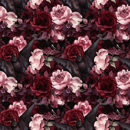 Patterned image featuring dark bats and red flowers on a black background.