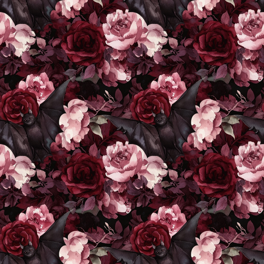 Patterned image featuring dark bats and red flowers on a black background.