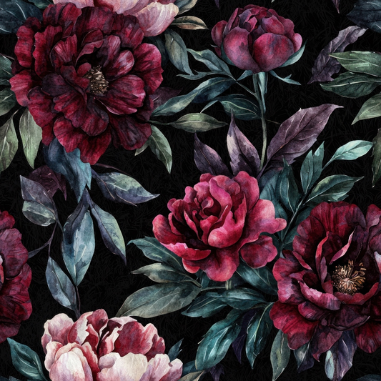 A pattern of red and white peonies with green leaves against a black background.