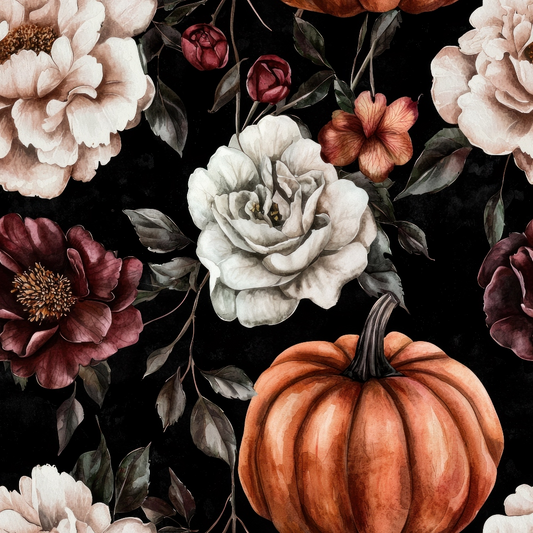 Floral and pumpkin pattern with white roses, dark red peonies, and orange pumpkins against a black background.