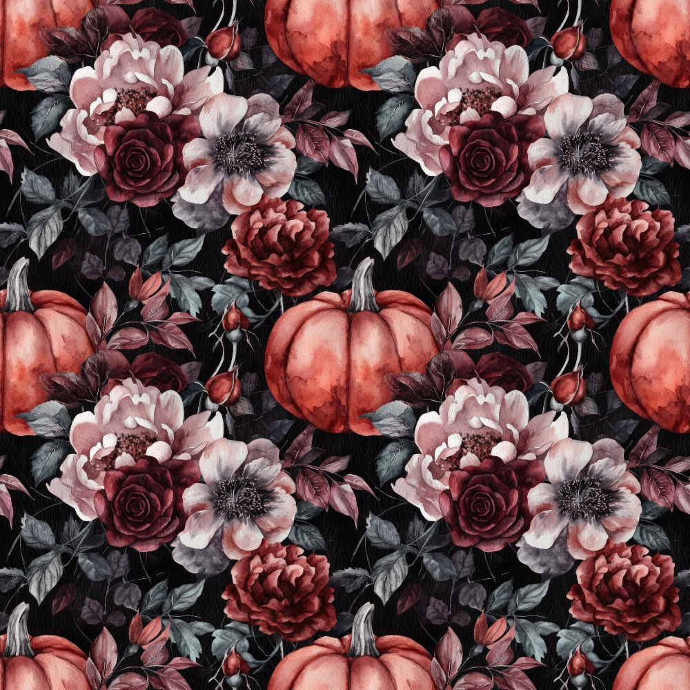 Pattern of red pumpkins, roses, and various flowers and leaves on a dark background.