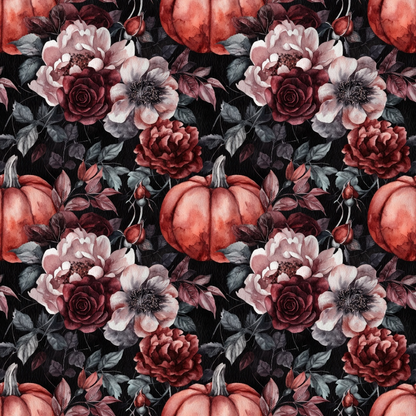 Pattern of red pumpkins, roses, and various flowers and leaves on a dark background.