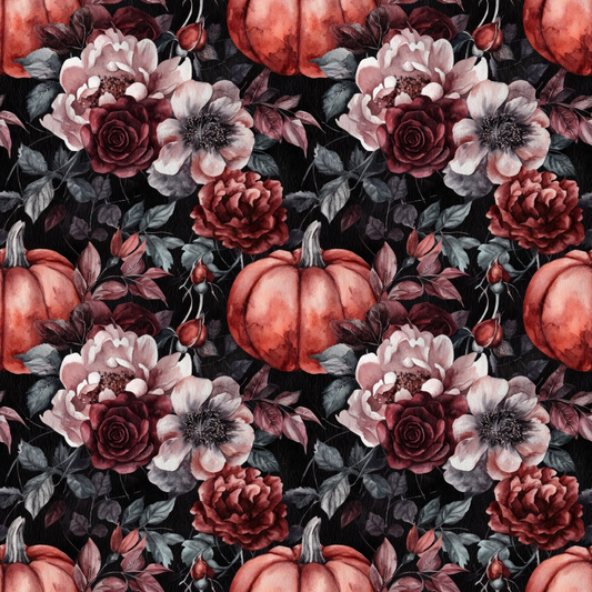 Pattern of red pumpkins, roses, and various flowers and leaves on a dark background.