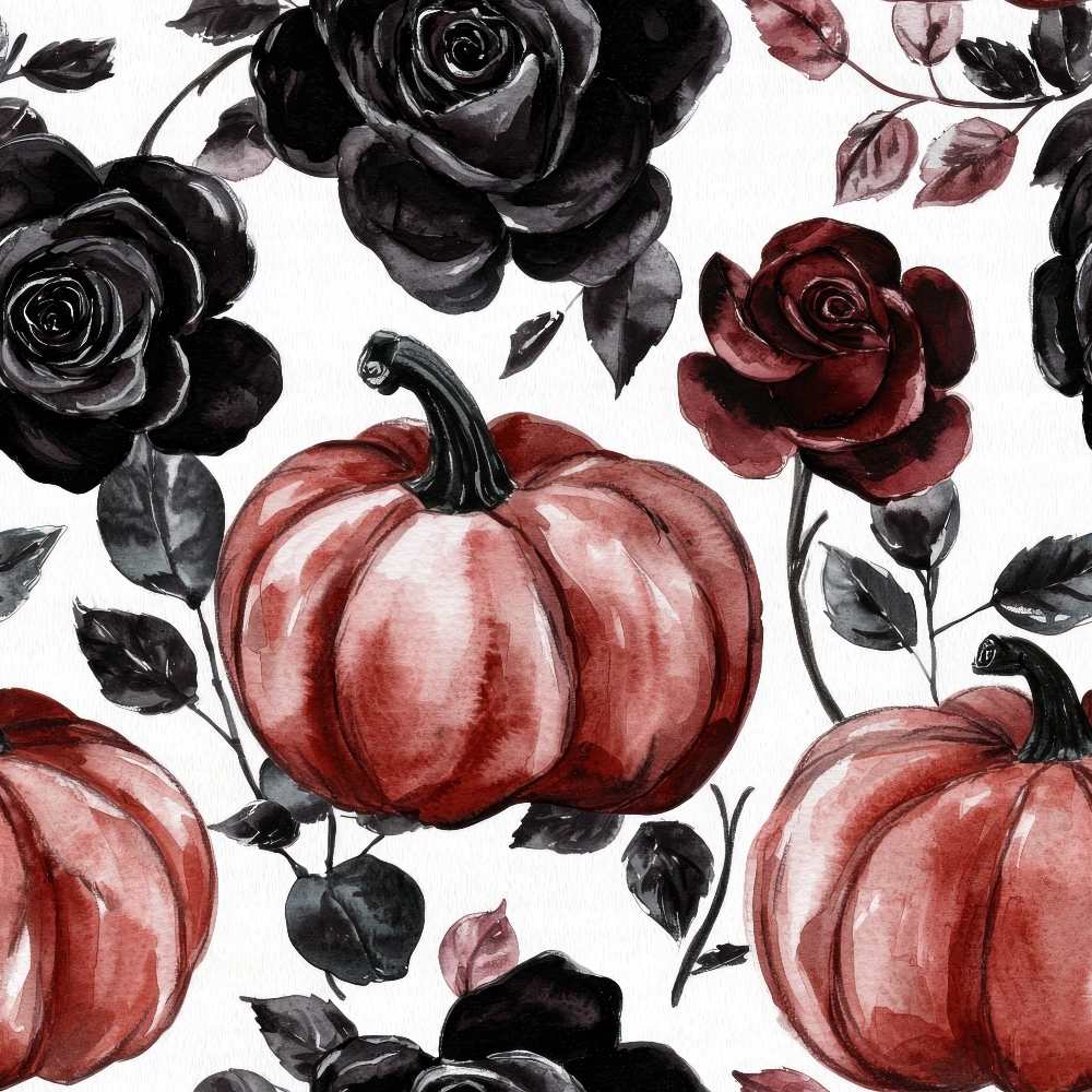 Watercolor pattern featuring orange pumpkins and black roses with gray leaves on a white background.