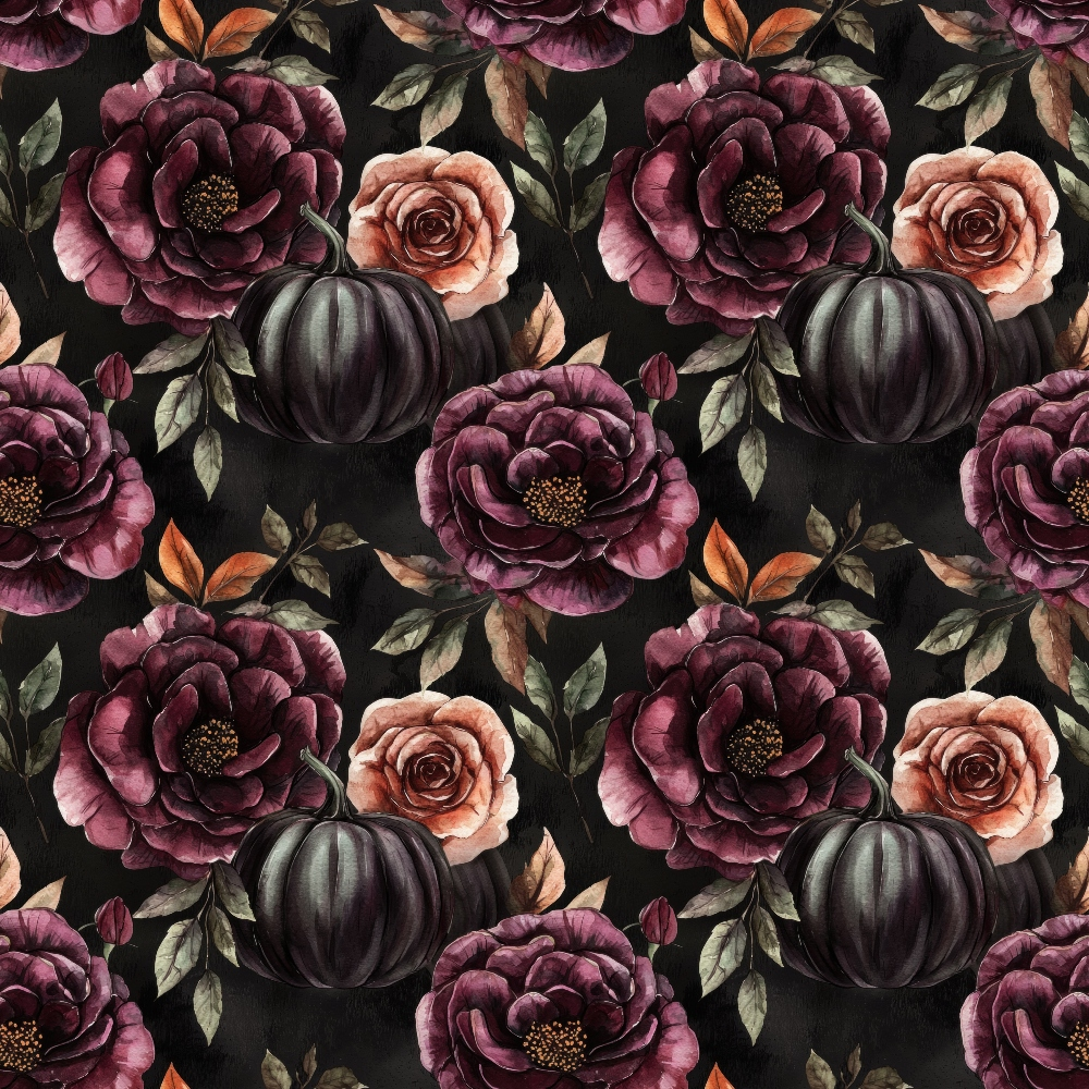 Seamless floral pattern with dark purple and peach roses, muted leaves, and pumpkins on a black background.