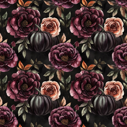 Seamless floral pattern with dark purple and peach roses, muted leaves, and pumpkins on a black background.