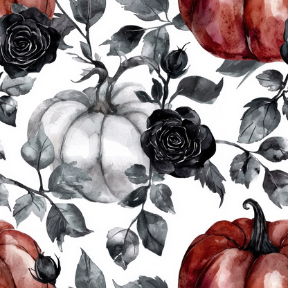 Watercolor illustration of white and orange pumpkins surrounded by black roses and grey leaves on a white background.