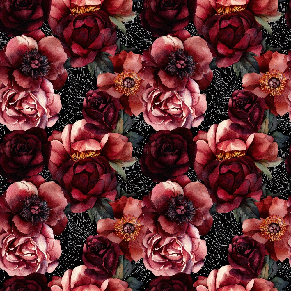 Pattern of red and pink flowers with dark green leaves on a black background.