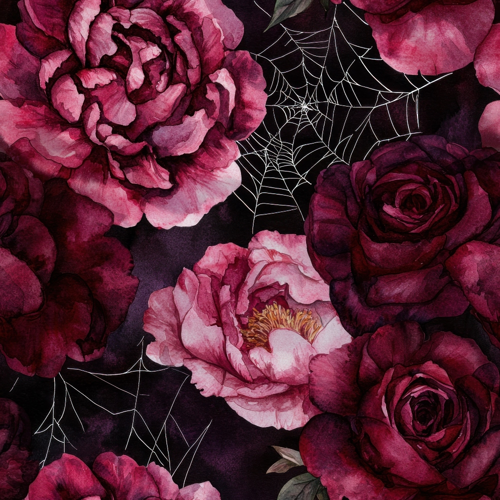 Pattern of red and pink roses with white spider webs on a dark background.