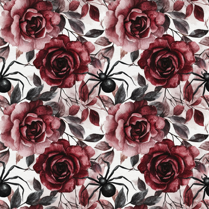 Pattern of dark red roses and black spiders with leaves on a white background.